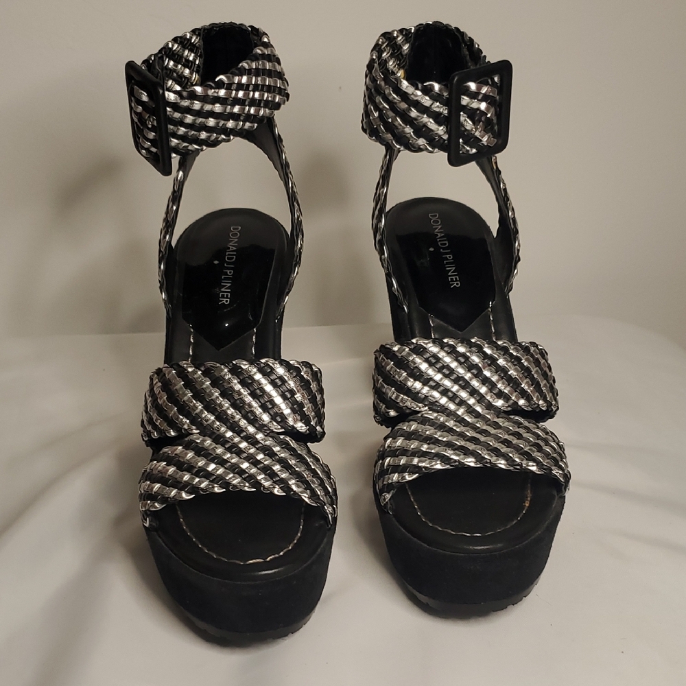Donald J. Pliner Black and Silver Braided Platform Sandals